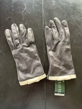 Ralph Lauren Black Leather Gloves With White Bow